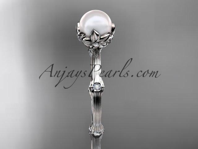 Platinum diamond pearl vine and leaf engagement ring AP38 - AnjaysDesigns