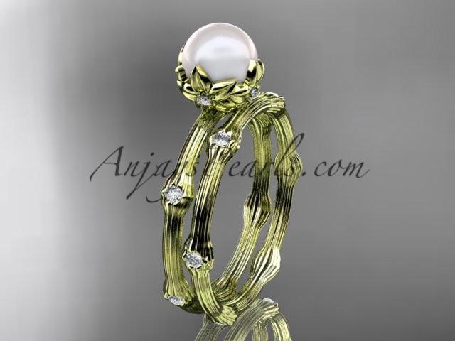 14k yellow gold diamond pearl vine and leaf engagement set AP38S - AnjaysDesigns