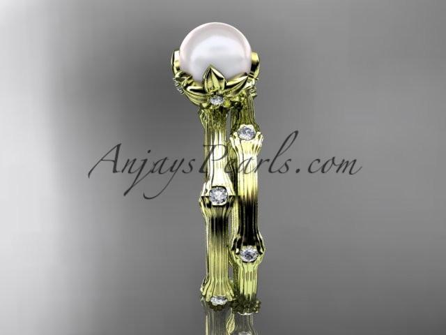 14k yellow gold diamond pearl vine and leaf engagement set AP38S - AnjaysDesigns