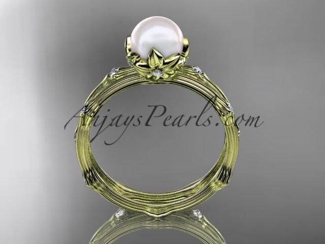14k yellow gold diamond pearl vine and leaf engagement set AP38S - AnjaysDesigns
