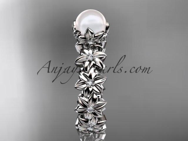 Platinum diamond pearl vine and leaf engagement ring AP57 - AnjaysDesigns