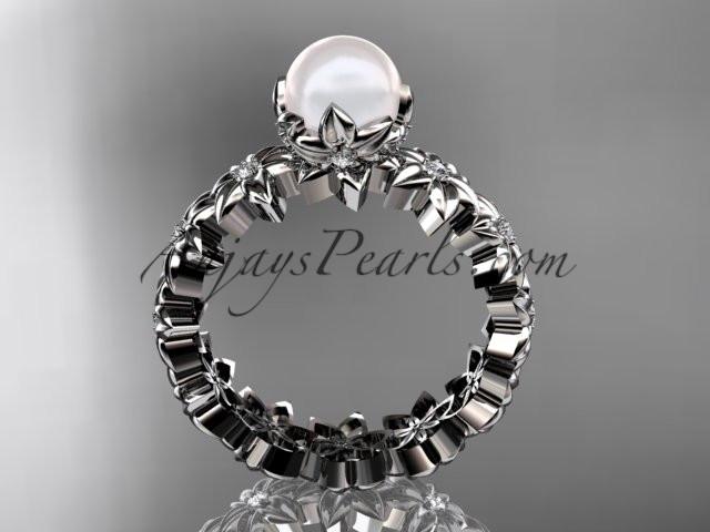 14k white gold diamond pearl vine and leaf engagement ring AP57 - AnjaysDesigns
