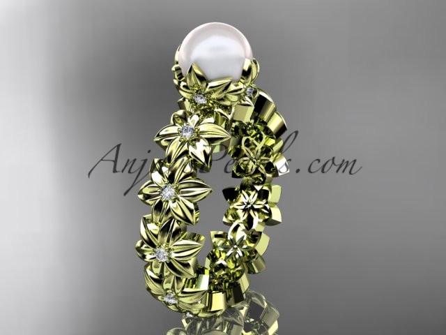 14k yellow gold diamond pearl vine and leaf engagement ring AP57 - AnjaysDesigns