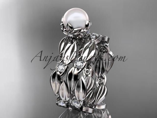 Platinum diamond pearl vine and leaf engagement set AP58S - AnjaysDesigns