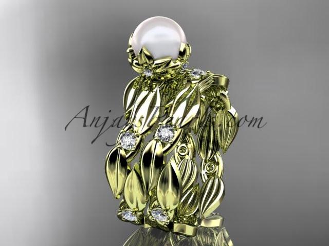 14k yellow gold diamond pearl vine and leaf engagement set AP58S - AnjaysDesigns