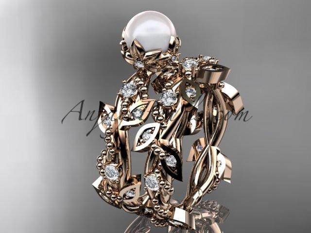 14k rose gold diamond pearl vine and leaf engagement ring AP59S - AnjaysDesigns