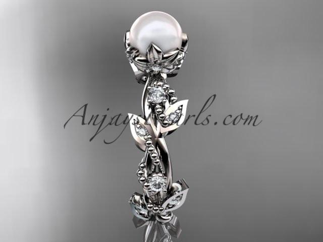 Platinum diamond pearl vine and leaf engagement ring AP59 - AnjaysDesigns