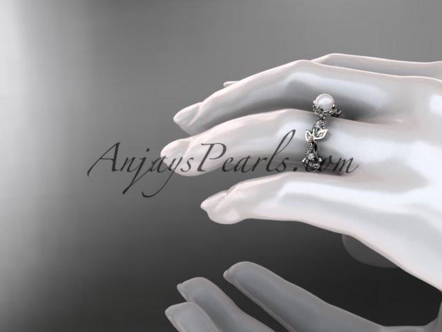 Platinum diamond pearl vine and leaf engagement ring AP59 - AnjaysDesigns