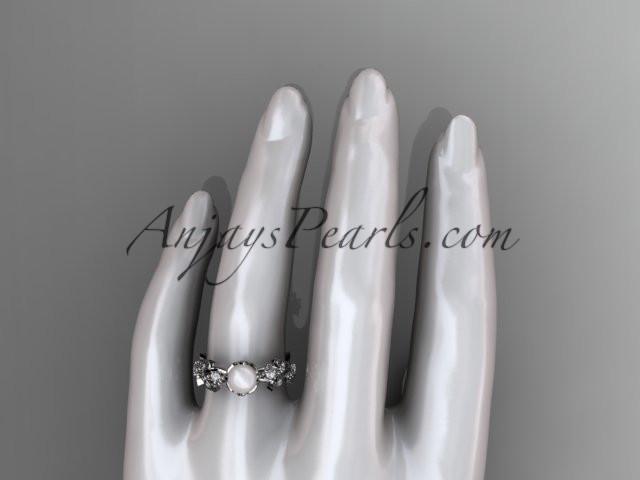 Platinum diamond pearl vine and leaf engagement ring AP59 - AnjaysDesigns