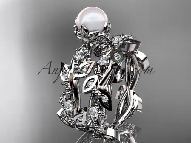 Platinum diamond pearl vine and leaf engagement ring AP59S - AnjaysDesigns