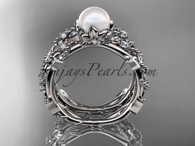 Platinum diamond pearl vine and leaf engagement ring AP59S - AnjaysDesigns