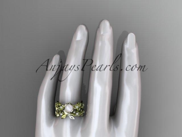 14k yellow gold diamond pearl vine and leaf engagement ring AP59S - AnjaysDesigns