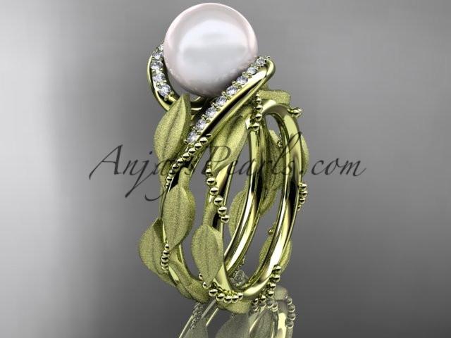 14k yellow gold diamond pearl vine and leaf engagement set AP64S - AnjaysDesigns