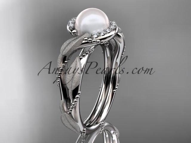 platinum diamond pearl vine and leaf engagement ring AP65 - AnjaysDesigns