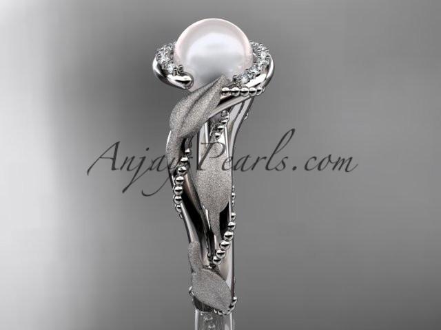 platinum diamond pearl vine and leaf engagement ring AP65 - AnjaysDesigns