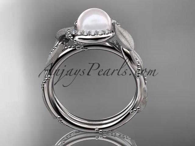 platinum diamond pearl vine and leaf engagement ring AP65 - AnjaysDesigns