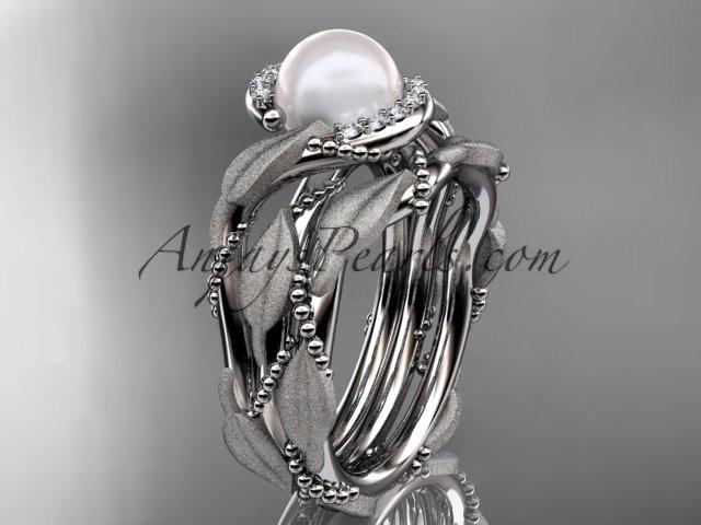 Platinum diamond pearl vine and leaf engagement set AP65S - AnjaysDesigns