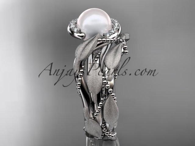 Platinum diamond pearl vine and leaf engagement set AP65S - AnjaysDesigns