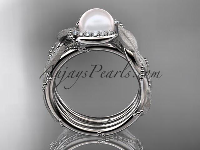 Platinum diamond pearl vine and leaf engagement set AP65S - AnjaysDesigns