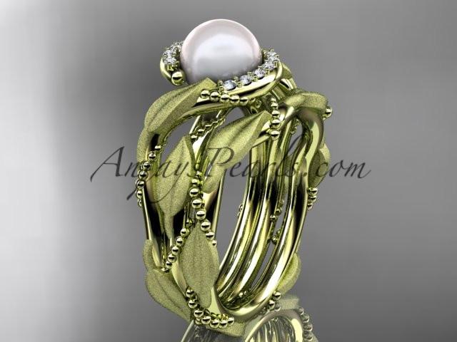 14k yellow gold diamond pearl vine and leaf engagement set AP65S - AnjaysDesigns