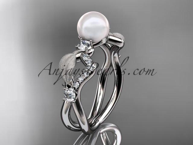 platinum diamond pearl vine and leaf engagement ring AP68 - AnjaysDesigns