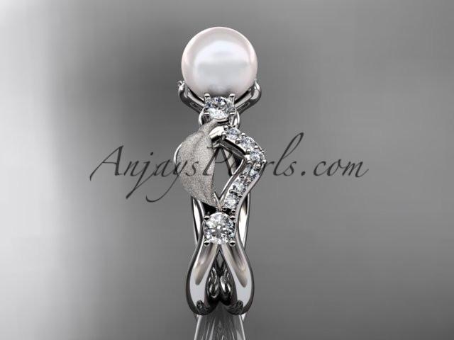 platinum diamond pearl vine and leaf engagement ring AP68 - AnjaysDesigns