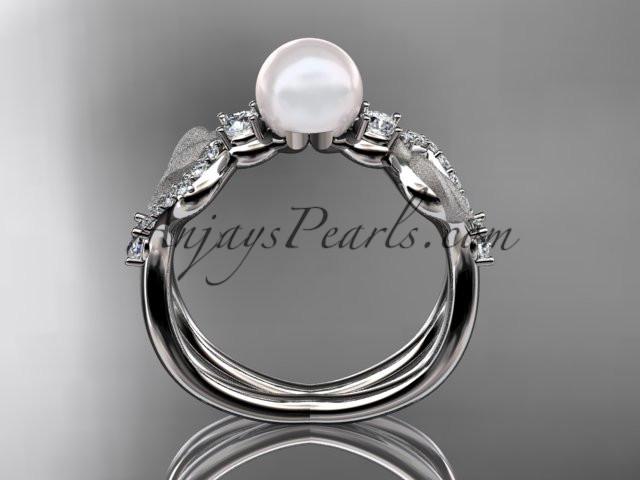 platinum diamond pearl vine and leaf engagement ring AP68 - AnjaysDesigns
