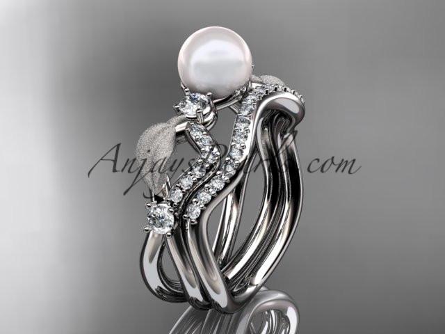 platinum diamond pearl leaf engagement set AP68S - AnjaysDesigns