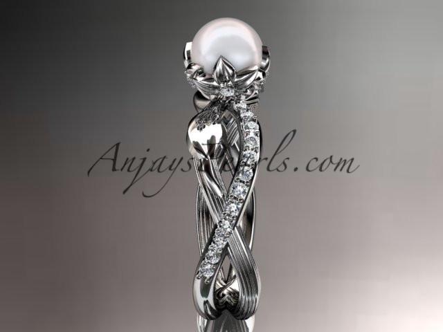 Platinum diamond pearl vine and leaf engagement ring AP70 - AnjaysDesigns