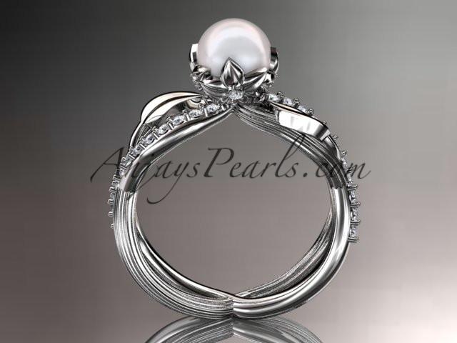 Platinum diamond pearl vine and leaf engagement ring AP70 - AnjaysDesigns