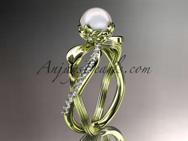 14k yellow gold diamond pearl vine and leaf engagement ring AP70 - AnjaysDesigns