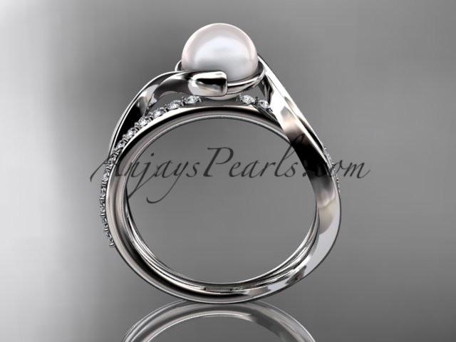 platinum diamond pearl vine and leaf engagement ring AP78 - AnjaysDesigns