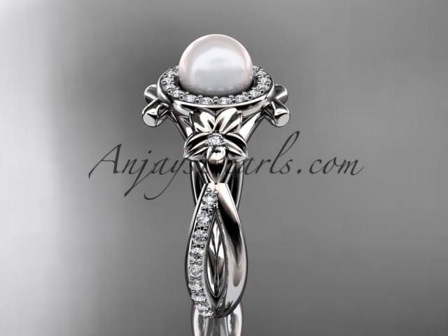 platinum diamond pearl vine and leaf engagement ring AP89 - AnjaysDesigns