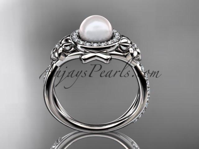 platinum diamond pearl vine and leaf engagement ring AP89 - AnjaysDesigns