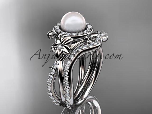 14k white gold diamond pearl vine and leaf engagement set AP89S - AnjaysDesigns