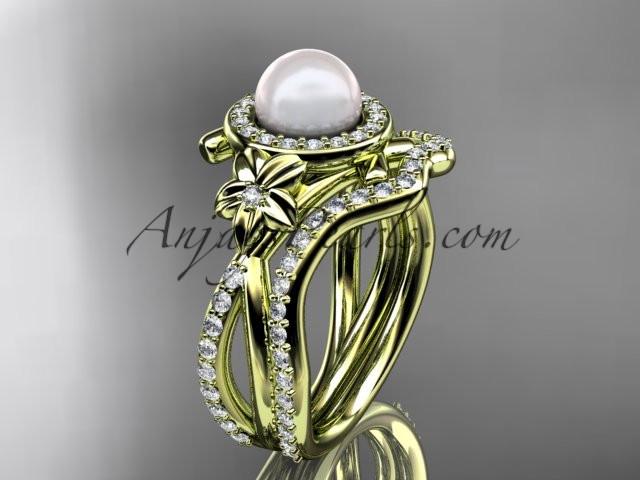 14k yellow gold diamond pearl vine and leaf engagement set AP89S - AnjaysDesigns