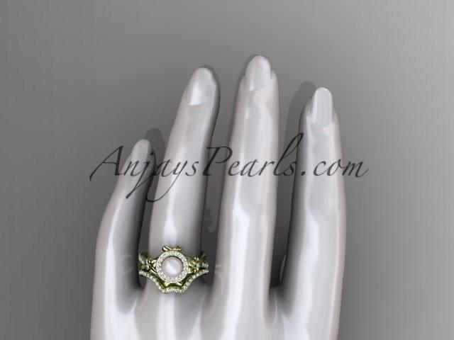 14k yellow gold diamond pearl vine and leaf engagement set AP89S - AnjaysDesigns