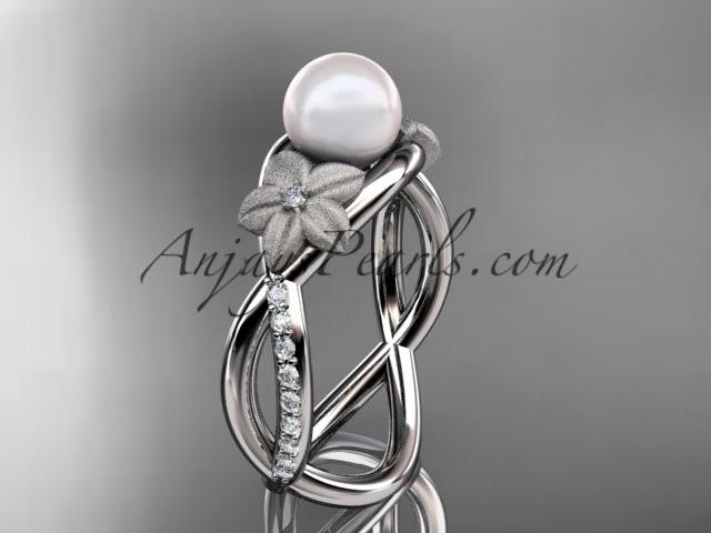 platinum diamond pearl vine and leaf engagement ring AP90 - AnjaysDesigns
