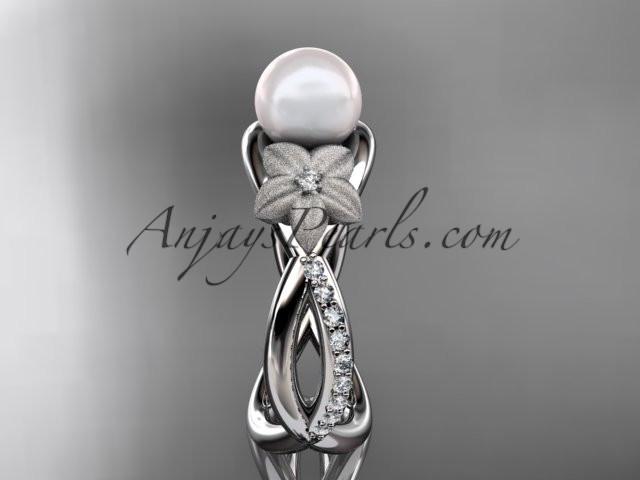 platinum diamond pearl vine and leaf engagement ring AP90 - AnjaysDesigns