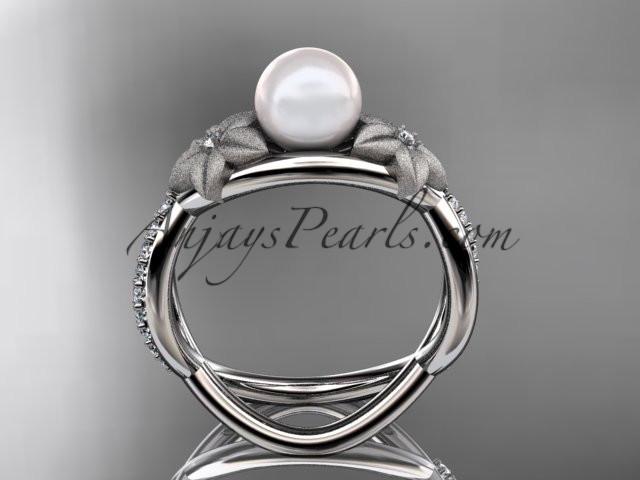 platinum diamond pearl vine and leaf engagement ring AP90 - AnjaysDesigns