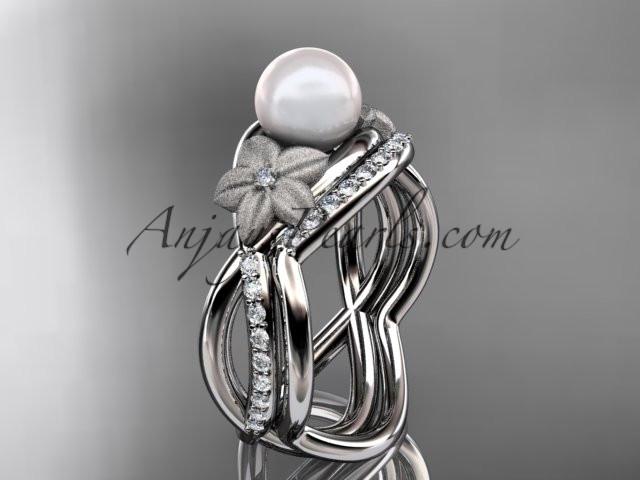 Platinum diamond pearl vine and leaf engagement set AP90S - AnjaysDesigns