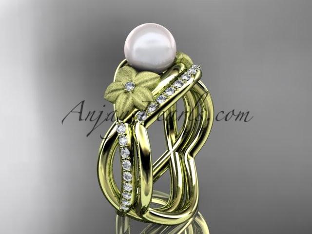 14k yellow gold diamond pearl vine and leaf engagement set AP90S - AnjaysDesigns