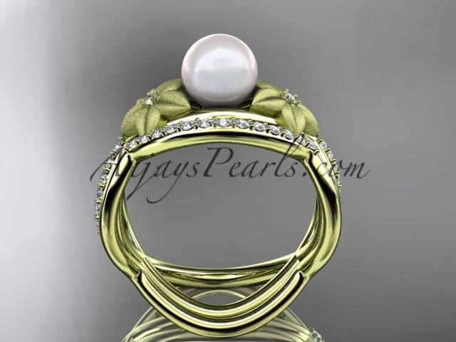 14k yellow gold diamond pearl vine and leaf engagement set AP90S - AnjaysDesigns