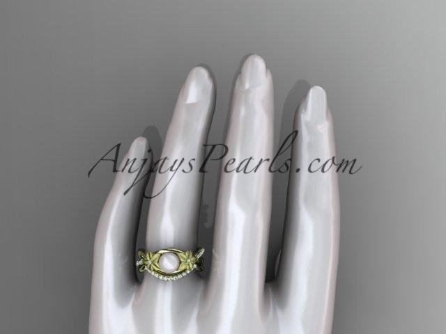 14k yellow gold diamond pearl vine and leaf engagement set AP90S - AnjaysDesigns