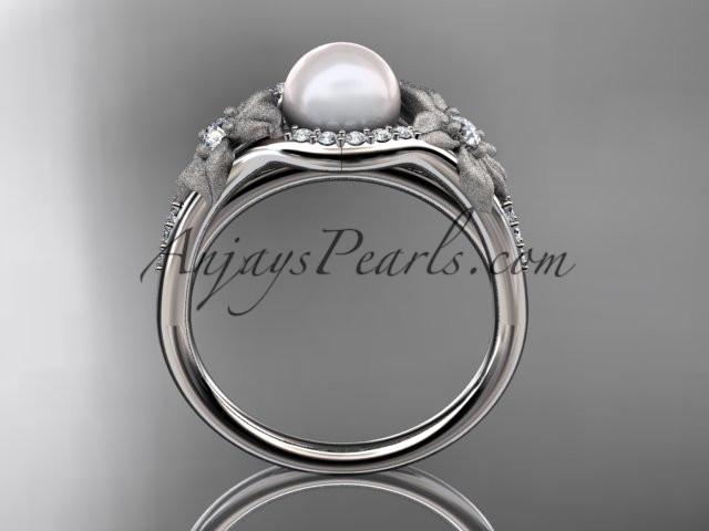 Platinum diamond pearl vine and leaf engagement ring AP91 - AnjaysDesigns