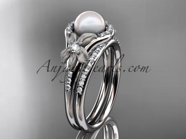 14k white gold diamond pearl vine and leaf engagement set AP91S - AnjaysDesigns