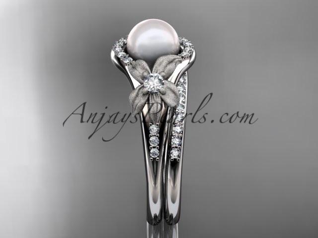platinum diamond pearl vine and leaf engagement set AP91S - AnjaysDesigns