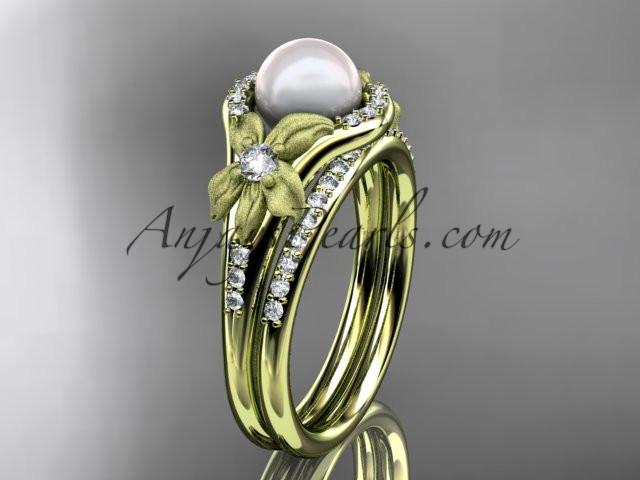 14k yellow gold diamond pearl vine and leaf engagement set AP91S - AnjaysDesigns