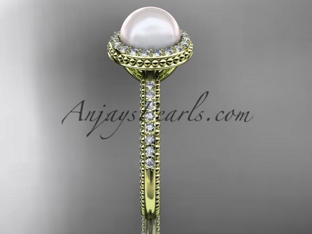 14k yellow gold diamond pearl vine and leaf engagement ring AP95 - AnjaysDesigns
