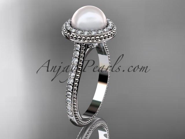 Platinum diamond pearl vine and leaf engagement ring AP97 - AnjaysDesigns